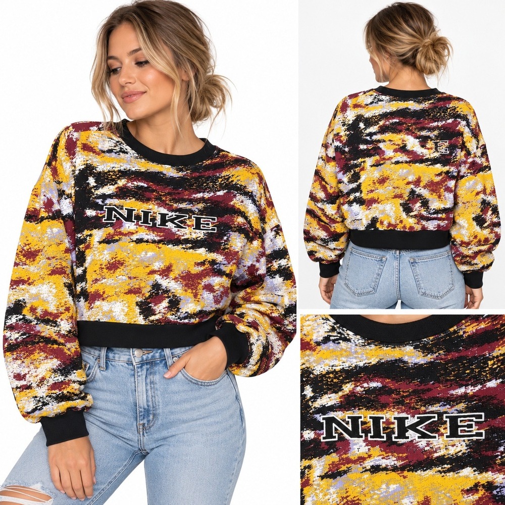 Nike Team Sports Crop Sweatshirt Womens M Multicolor Center Swoosh Abstract Y2K